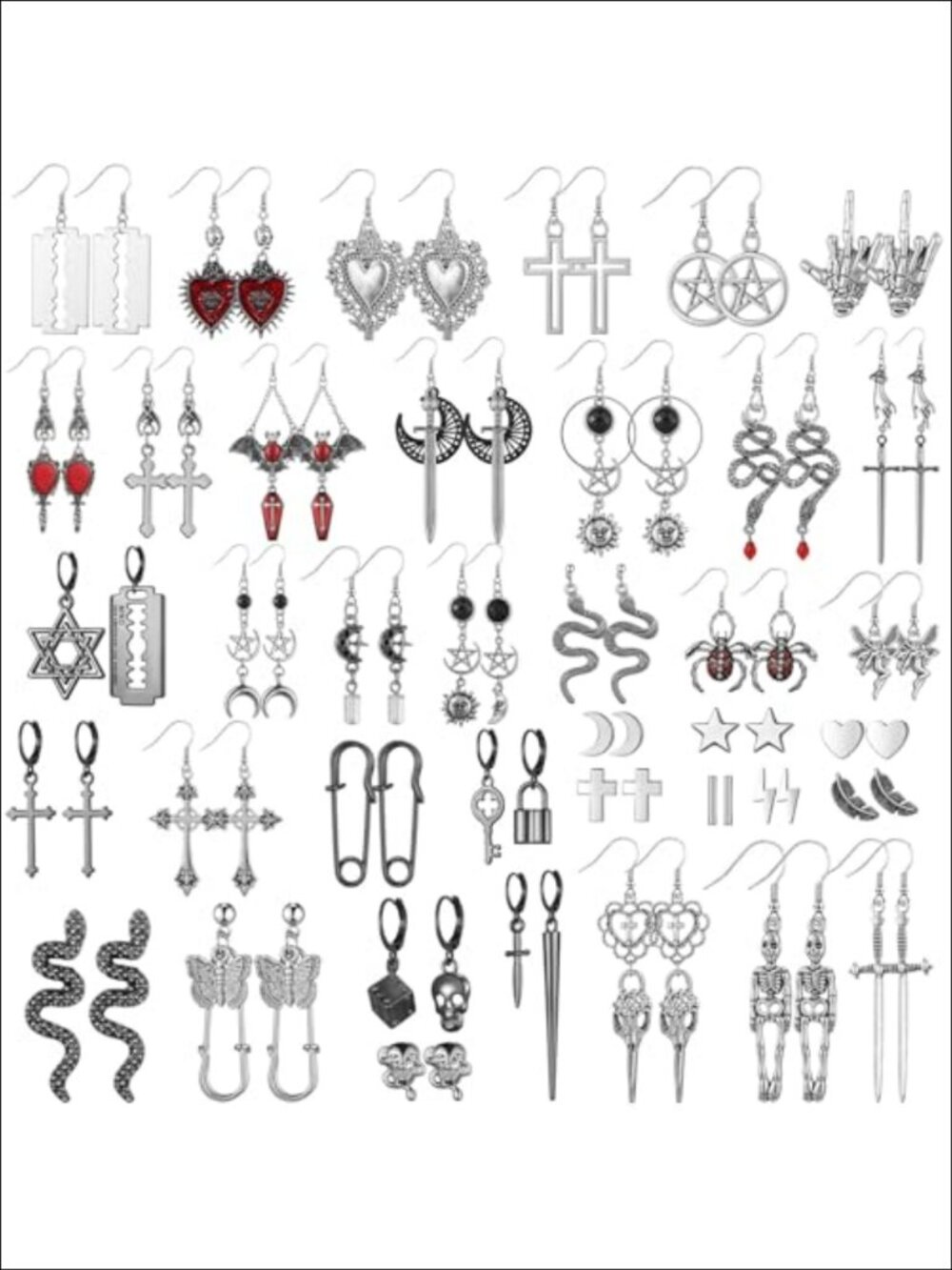 40 Pairs Gothic Earrings Set Punk Grunge Y2K Alloy Dangle